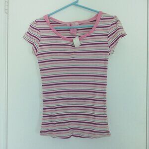 NWT vintage 90's Y2K girls pink purple multi striped ribbed knit tee size XL